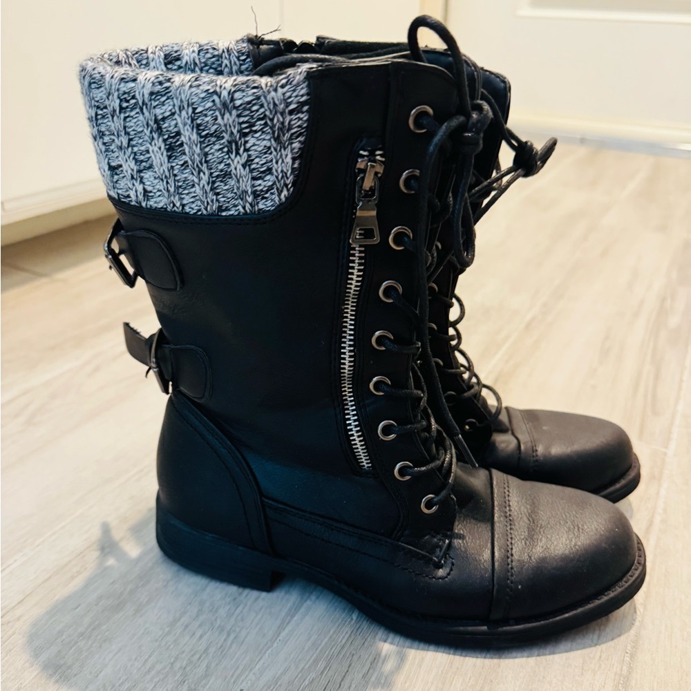 Black Lace-Up Boots with Gray Knit Cuff